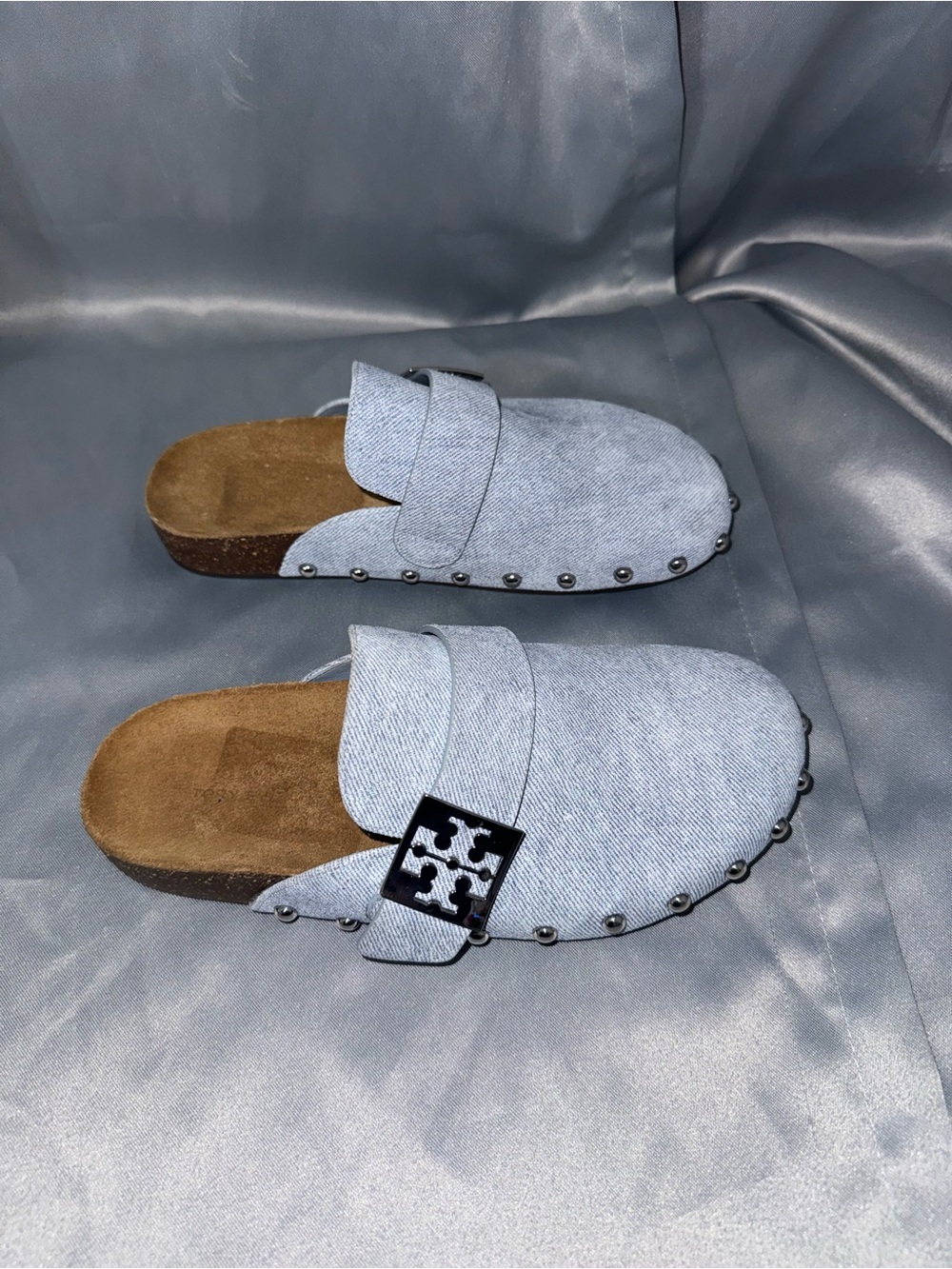 Tory Burch Light Blue Denim Studded Slip-On Mules
